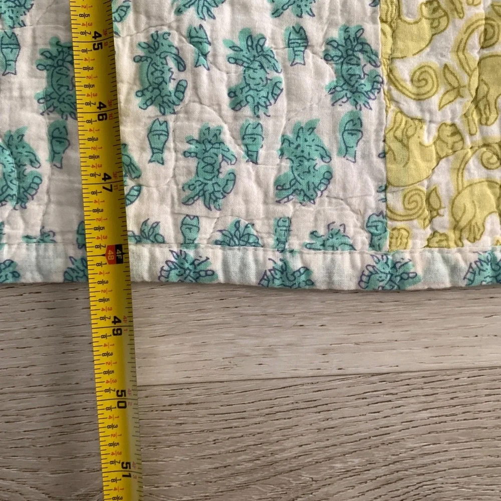 Quilted Patchwork Throw Blanket‎ Multi Green 100% Cotton Block Print Animal